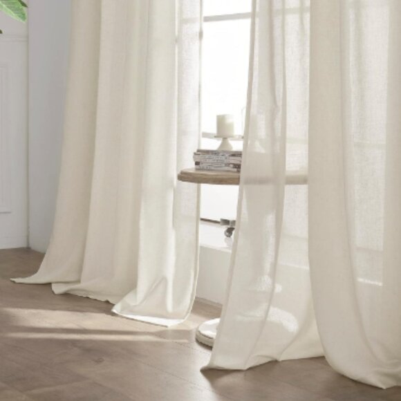 Linen Curtain Panels 50 x 108 Ivory Off White Flax Weave Sheer Drapes Curtains - Picture 5 of 16